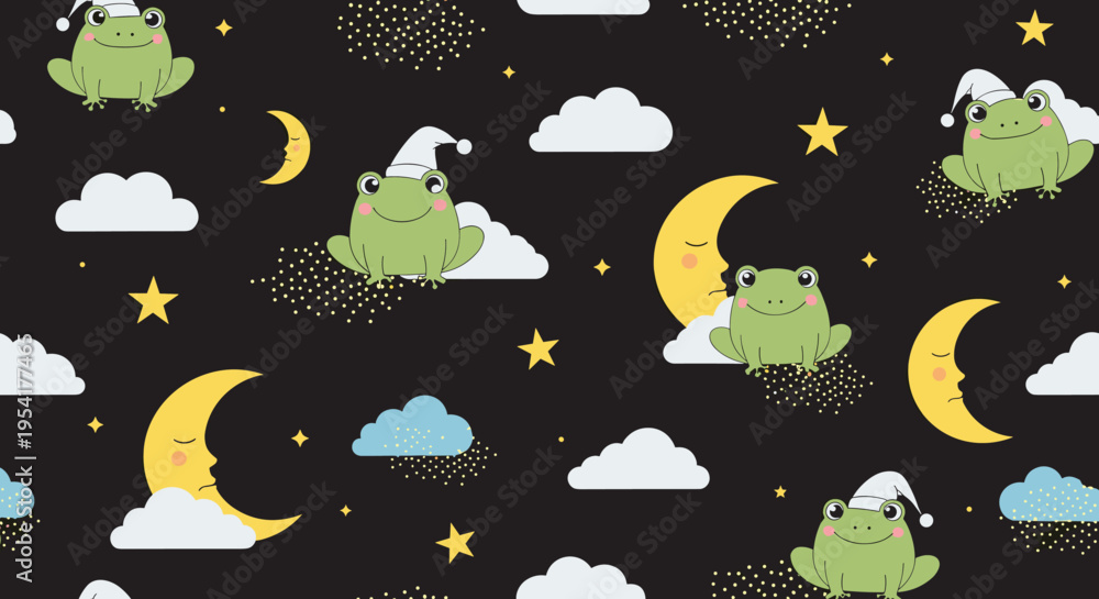 Naklejka premium Seamless pattern of cute green frogs wearing white nightcaps sitting on moons and clouds among stars on a dark night sky.