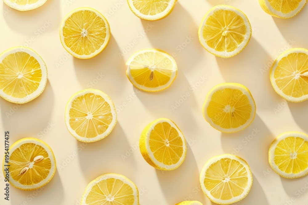 Fototapeta premium Artful arrangement of lemon slices on a soft cream background, casting subtle shadows that enhance the composition, perfect for visual storytelling in food and lifestyle photography.