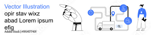 Futuristic logistics, supply chain automation, technology integration, delivery tracking, e-commerce solutions, and robotics. Robotic hand pointing to delivery supply network. Logistics