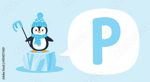 Cute penguin wearing a blue hat and scarf stands on a small iceberg next to a large blue letter P in a speech bubble.