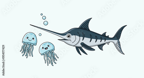 Large blue swordfish swims gracefully alongside two cute smiling light blue jellyfish with bubbles in a calm ocean environment.