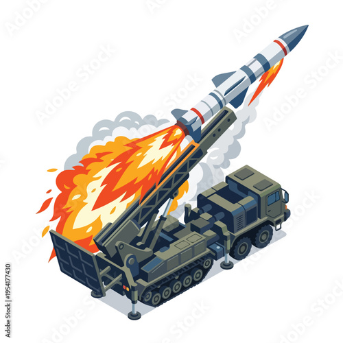 isometric vector missile launcher vehicle launching a missile 02