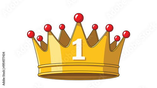 Majestic golden crown decorated with red jewels features a prominent number one to signify victory, leadership, and top performance.