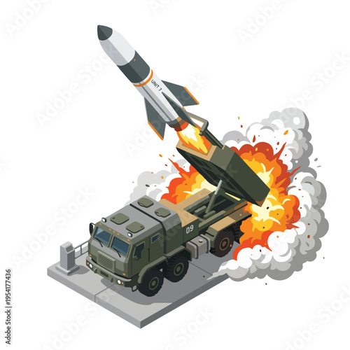 isometric vector missile launcher vehicle launching a missile 003