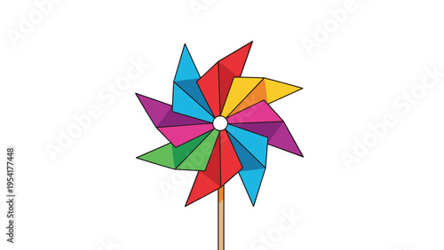 Vibrant pinwheel with multiple rainbow colored triangular blades sits on a wooden stick ready to spin in the gentle breeze.