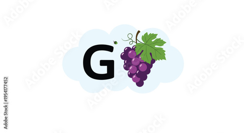 Childrens educational alphabet card for the letter G features a bunch of purple grapes with a green leaf on a cloud.