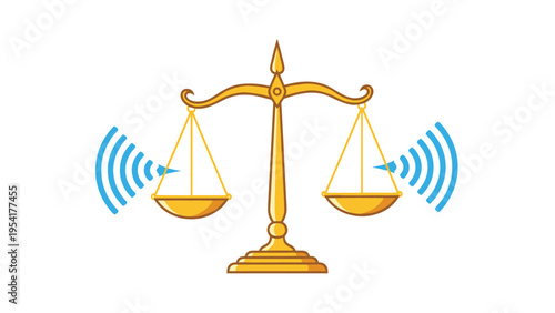 Golden balance scale emits blue signal waves from its bowls suggesting wireless communication, data weighing, or digital justice.