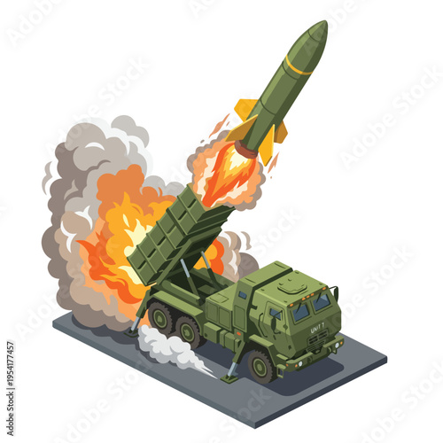 isometric vector missile launcher vehicle launching a missile 1