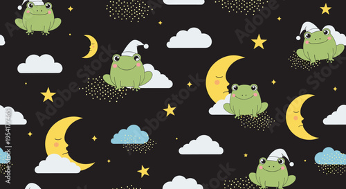 Seamless pattern of cute green frogs wearing white nightcaps sitting on moons and clouds among stars on a dark night sky.