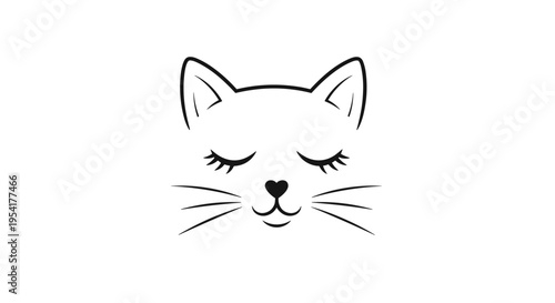 Minimalist black line drawing of a sleeping cat face with closed eyes, long eyelashes, whiskers, and a heart shaped nose.