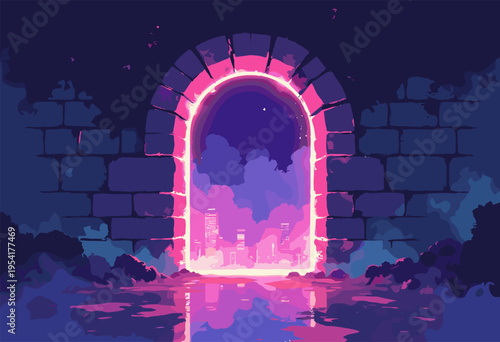 conceptual 3D illustration dull, grey brick wall glowing, vibrant neon portal peeling back from center, revealing hyperfuturistic geometric world Hidden opportunity concept Space copy