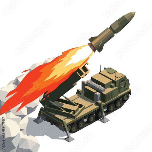 isometric vector missile launcher vehicle launching a missile 002