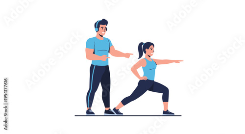 A male personal trainer wearing headphones is instructing a female client performing a lunge exercise on a clean white background.