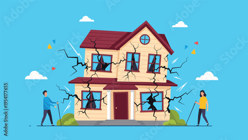 Two visually impaired people with canes walk past a severely cracked house under a blue sky highlighting social or physical barriers.