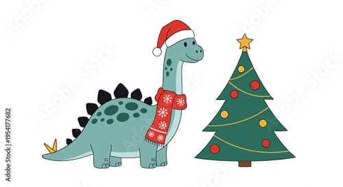 Cute long necked dinosaur wearing a red Santa hat and a snowflake pattern scarf stands next to a decorated Christmas tree.