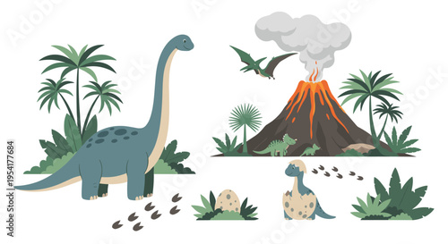 Prehistoric scene with a large brachiosaurus, pterodactyl, triceratops, volcano, and palm trees with dinosaur eggs in nests.
