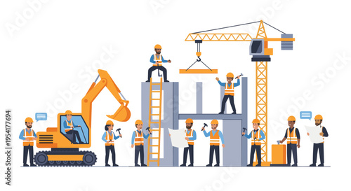 Numerous construction workers wearing hard hats and safety vests are actively building a structure with an excavator and a crane on a clean white background.
