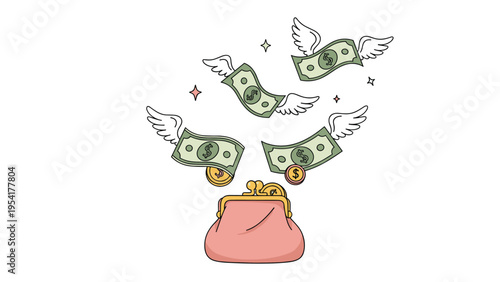 Pink clasp coin purse sits beneath flying dollar bills and gold coins with white wings representing spending, expenses, and inflation.