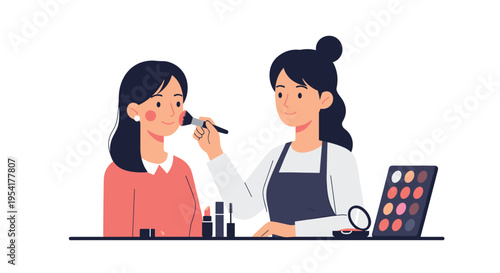 A makeup artist applies cosmetics to a client's face at a table filled with beauty products.