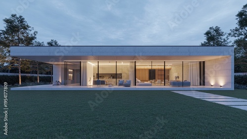 A modern house with a large glass facade at dusk or dawn