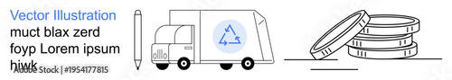 Recycling, logistics, sustainability, financial savings, environmental protection, waste management. A truck with a recycling symbol, a pen and stacked coins. Recycling and logistics concept