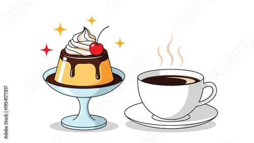 Delicious caramel pudding topped with whipped cream and a cherry sits next to a steaming cup of dark coffee for a dessert break.