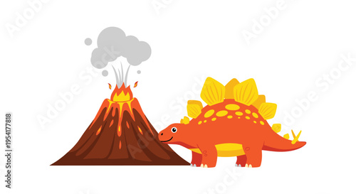 Cute orange stegosaurus dinosaur with yellow plates stands next to a smoking volcano on a clean white background.