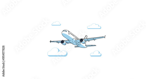 A white passenger airplane flies through a clear sky with a few stylized clouds on a white background.