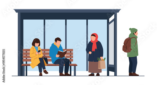 Several people wait patiently at a modern bus stop with glass panels on a cold, snowy day.