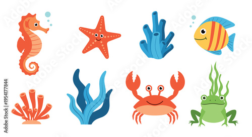 Diverse collection of colorful sea life icons including a seahorse, starfish, coral, fish, seaweed, crab, and a green frog.