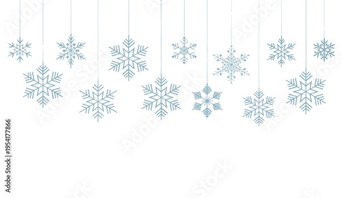 Hanging Blue Snowflakes on White Background Keywords: snowflake, snow, winter, christmas