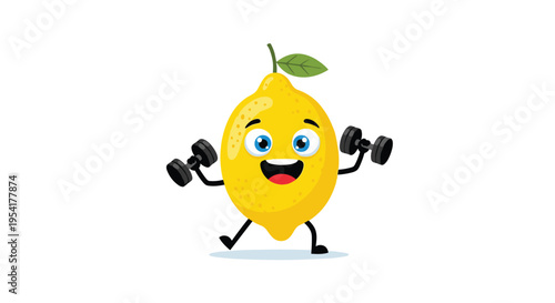 Energetic cartoon lemon character with a cheerful face lifts two grey dumbbells while standing on a plain white background.