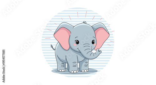 Adorable baby elephant illustration features a grey animal with pink ears and a happy expression on a blue striped circle.