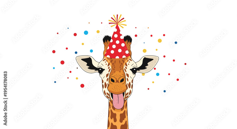 Fototapeta premium Giraffe wearing a red and white polka dot party hat sticks its tongue out as colorful confetti falls all around its head.