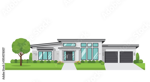 A modern single-story house with a flat roof and large windows sits on a green lawn.