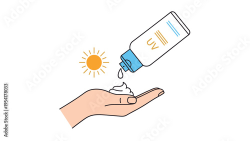 Skin care and sun safety concept showing a person applying sunscreen from a tube onto their hand with a sun icon representing UV protection.