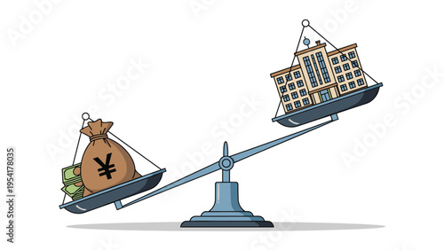 Investment and real estate value concept showing a scale balancing a bag of Japanese yen currency against a large office building structure.