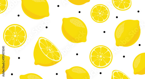 Bright yellow lemon pattern featuring whole fruits and round slices with black dots scattered across a plain white background.