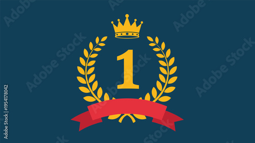 Achievement and success symbol featuring the number one with a gold crown, a laurel wreath, and a red ribbon banner against a dark background.