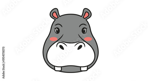 Hippo head illustration shows a cute grey animal with pink cheeks and small ears centered on a clean white background.