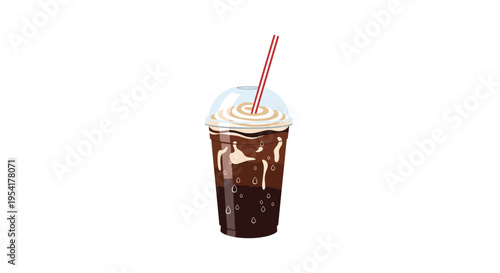 A tall clear plastic cup of iced coffee with whipped cream and a red-striped straw is presented on a plain white background.