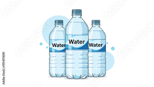 Three clear plastic bottles of mineral water with blue labels and caps standing together for healthy hydration and refreshment.