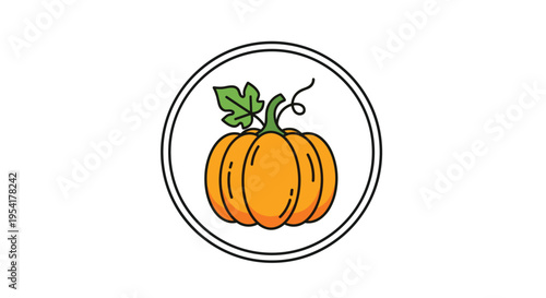 Orange pumpkin illustration with a green leaf and curly stem is enclosed within a simple double line circular frame.