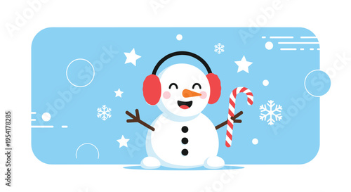 Happy snowman wearing red earmuffs holds a red and white candy cane while standing on a snowy blue decorative background.