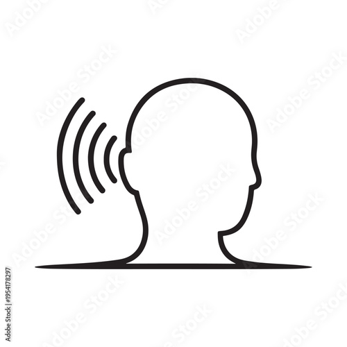 Head Silhouette Receiving Sound Waves Icon Hearing and Communication Symbol Minimalist Stock Graphic