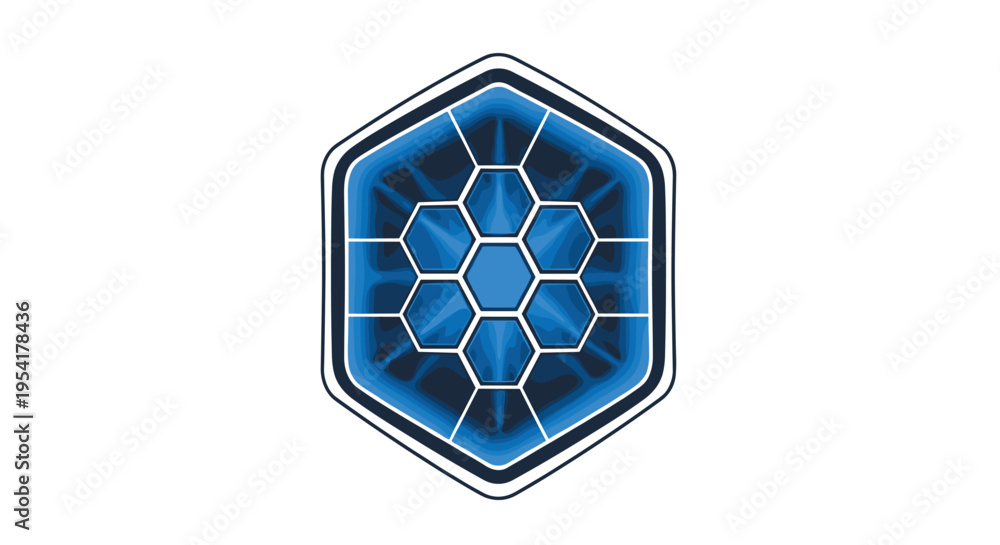 Naklejka premium A multi-layered blue hexagonal pattern is contained within a larger hexagonal outline on a white background.