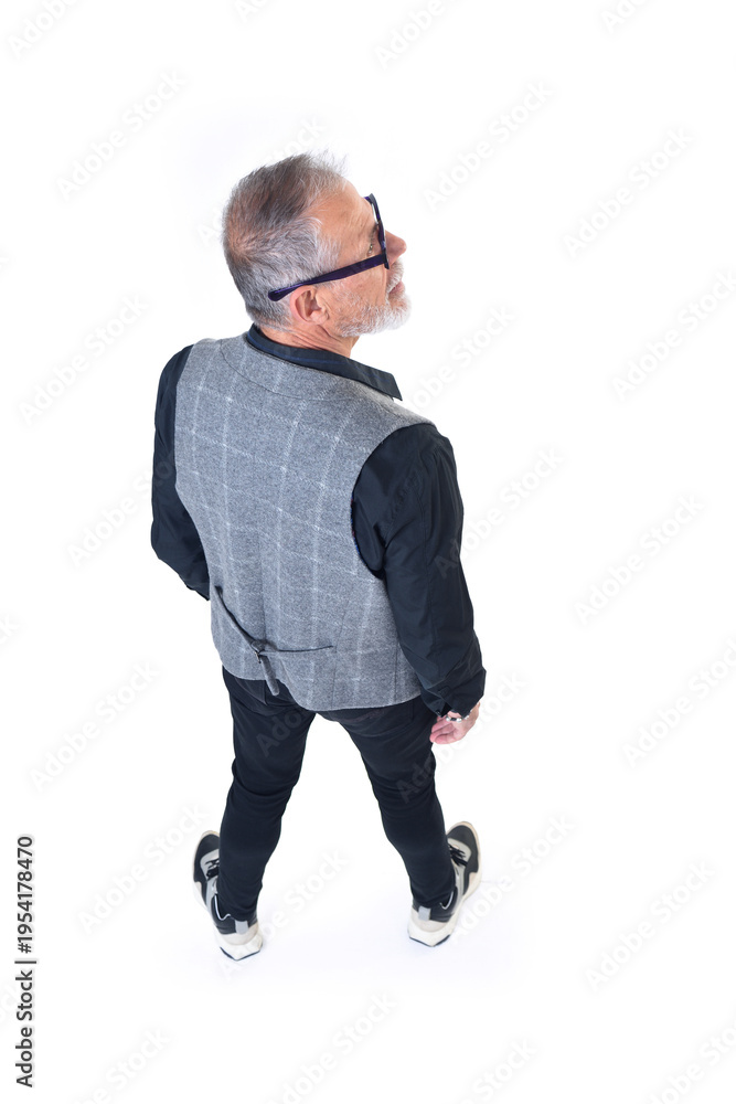 Fototapeta premium Rear view of a portrait of a mature man seen from above on a white background.