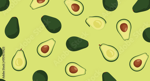 Ripe avocado pattern showing whole fruits and halved pieces with brown pits scattered on a light green background.
