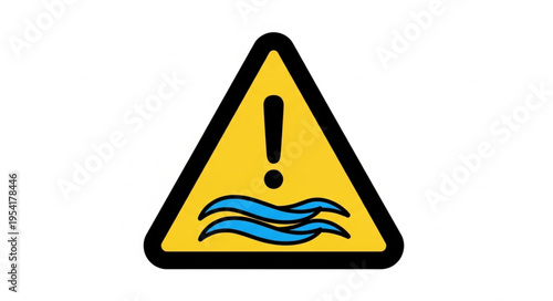 Yellow warning triangle sign with exclamation mark and water waves symbol.