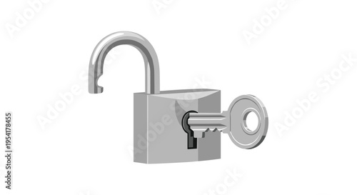 An open silver padlock with a key inserted into its keyhole is displayed on a clean white background.